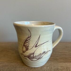 Handmade stonewear pottery mug with bird design EUC Cream And Brown Signed